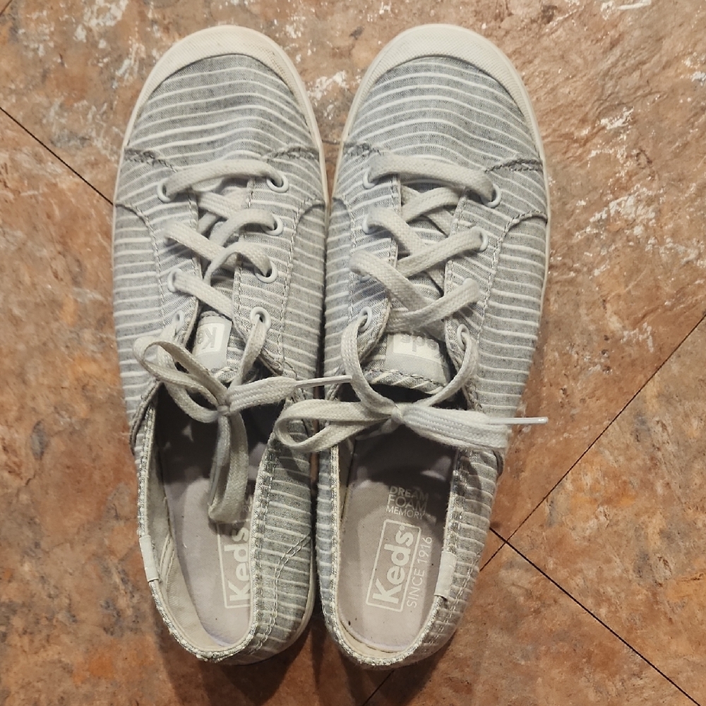 Keds Gray and White Striped Canvas Lace-Up Sneakers